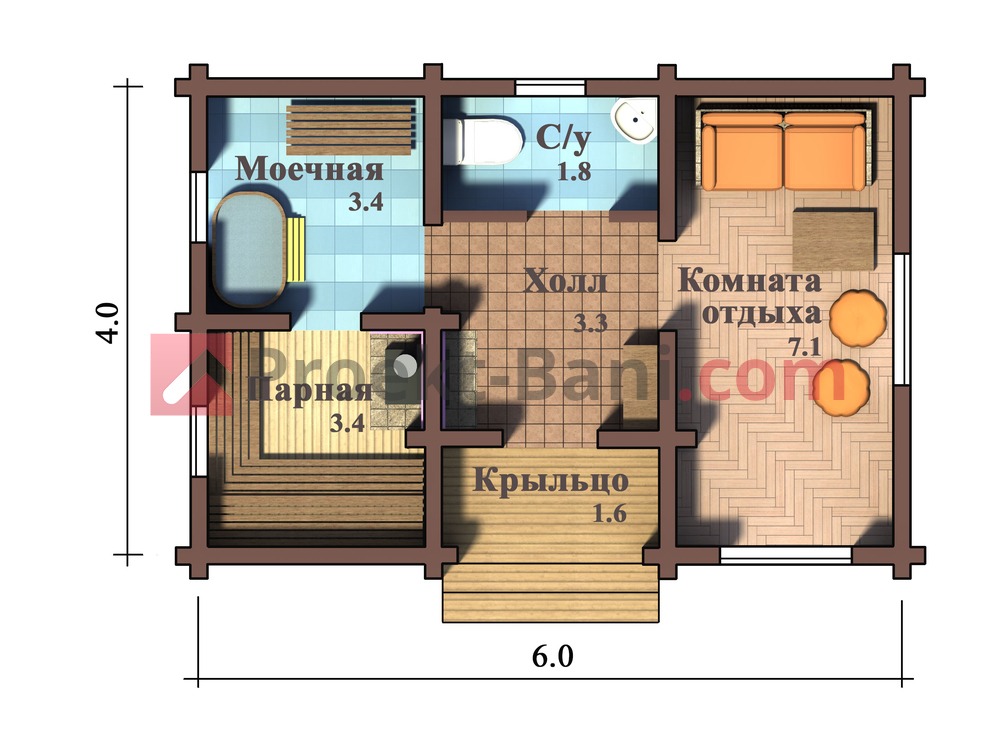Проект бани 6х4 из бруса, баня 6 на 4 под ключ, цена в Москве